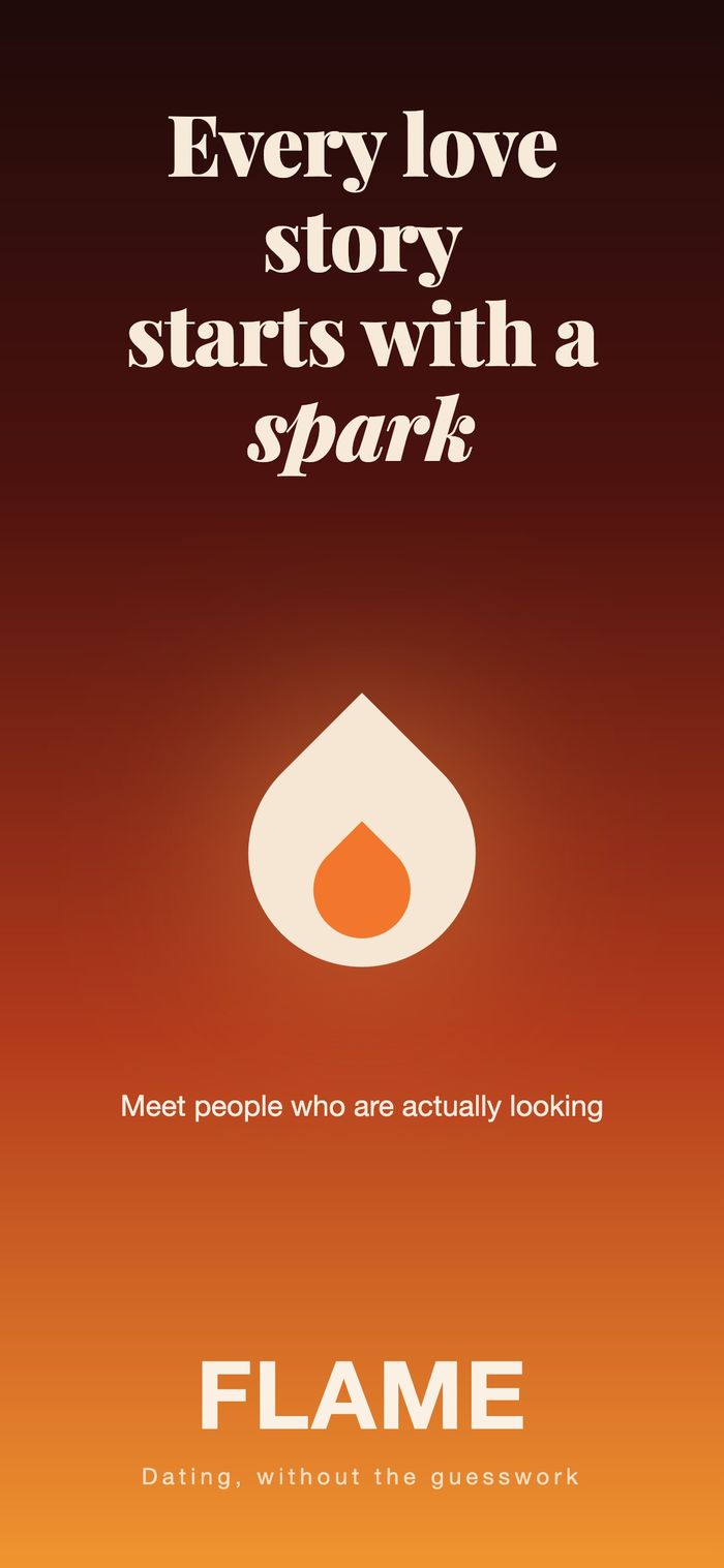 Flame’s opening screen: the flame mark on a warm gradient under the line “Every love story starts with a spark”