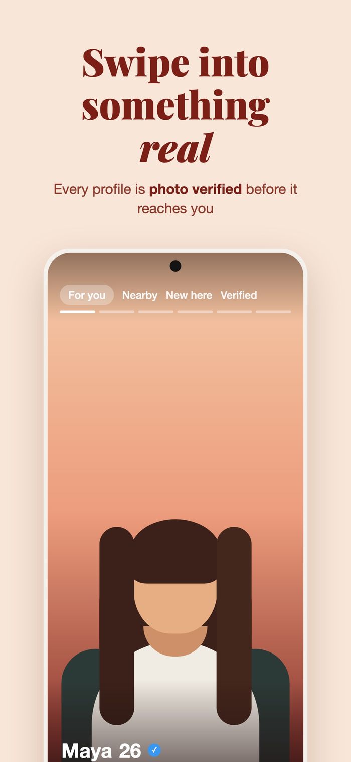 Flame’s swipe deck with For you, Nearby, New here and Verified filters, headed “Swipe into something real — every profile is photo verified before it reaches you”